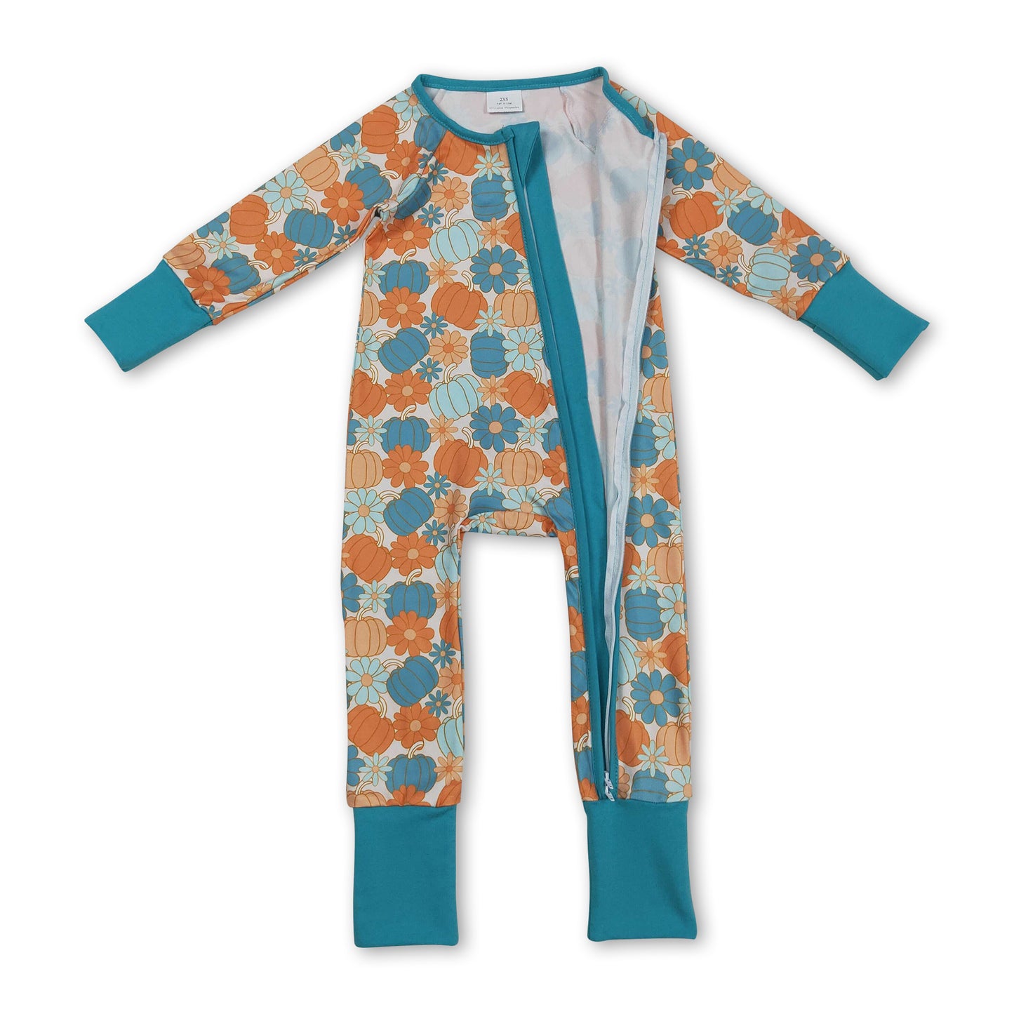 Long sleeves teal pumpkin floral girls fall zipper romper