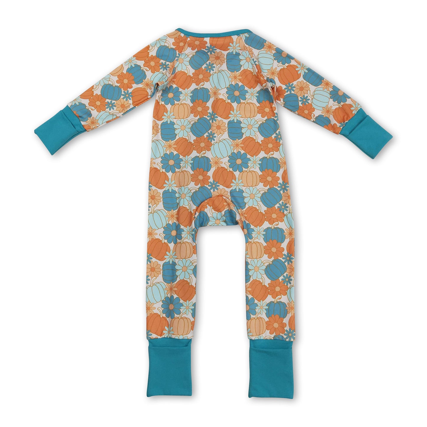 Long sleeves teal pumpkin floral girls fall zipper romper