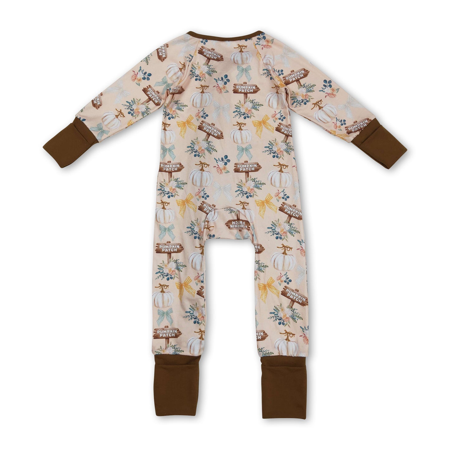 Long sleeves pumpkin patch floral bow girls fall zipper romper