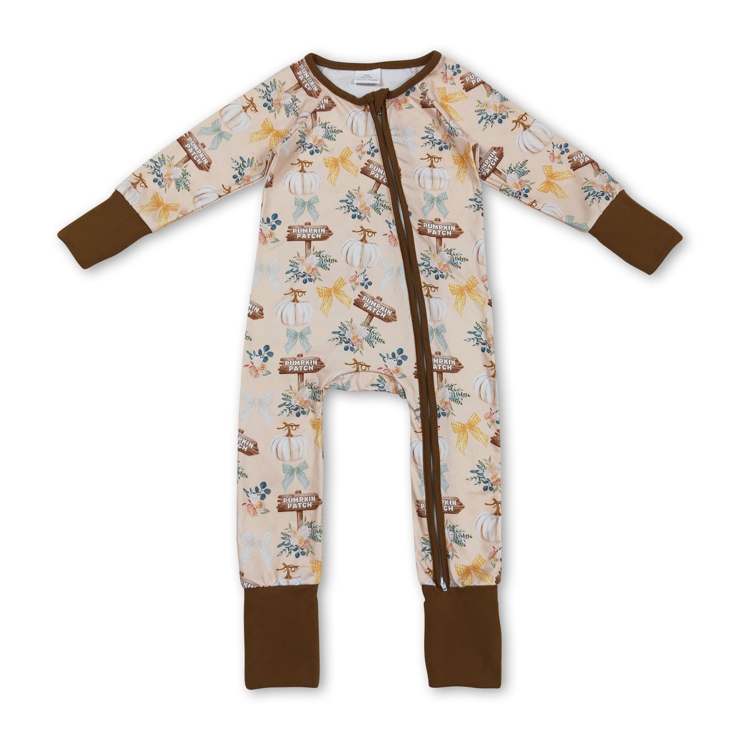 Long sleeves pumpkin patch floral bow girls fall zipper romper