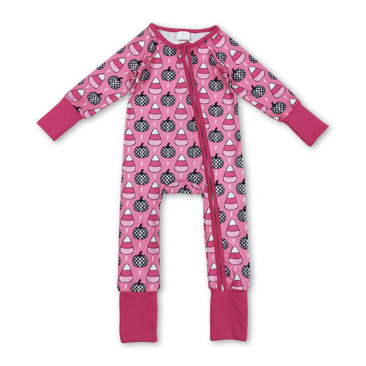 Pink pumpkin candy corn baby Halloween zipper romper