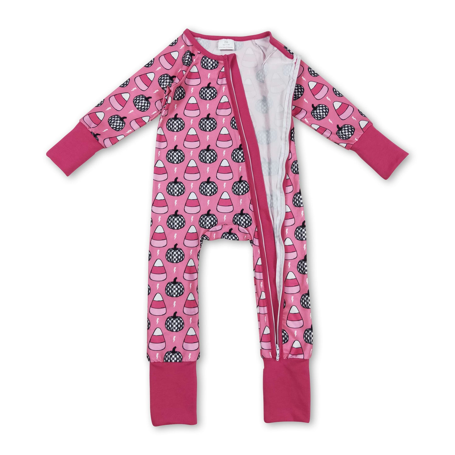 Pink pumpkin candy corn baby Halloween zipper romper