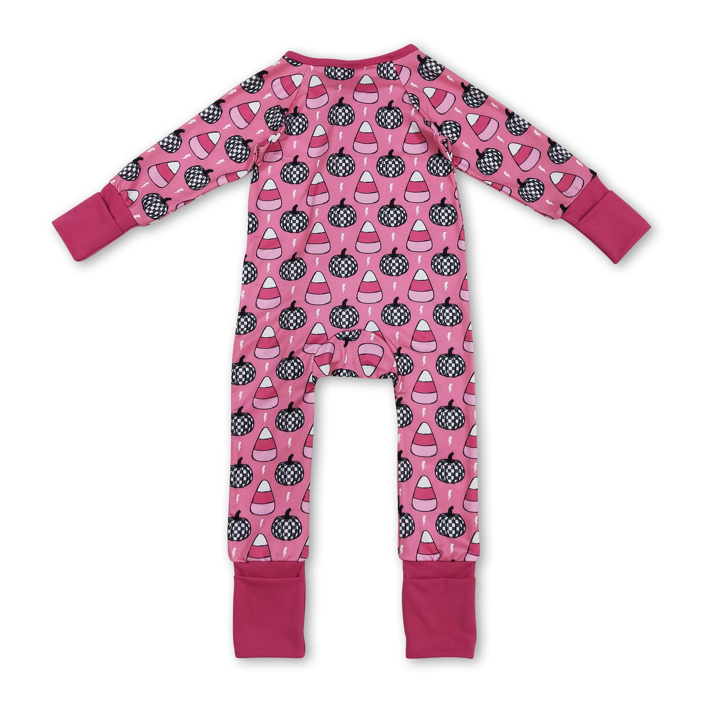 Pink pumpkin candy corn baby Halloween zipper romper