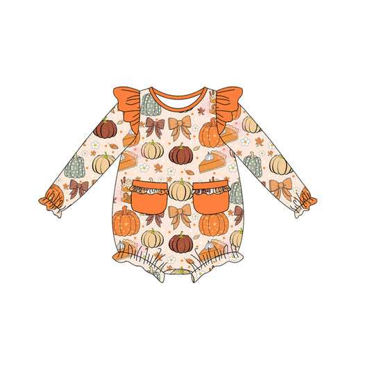 Long sleeves pumpkin pie bow girls Thanksgiving romper