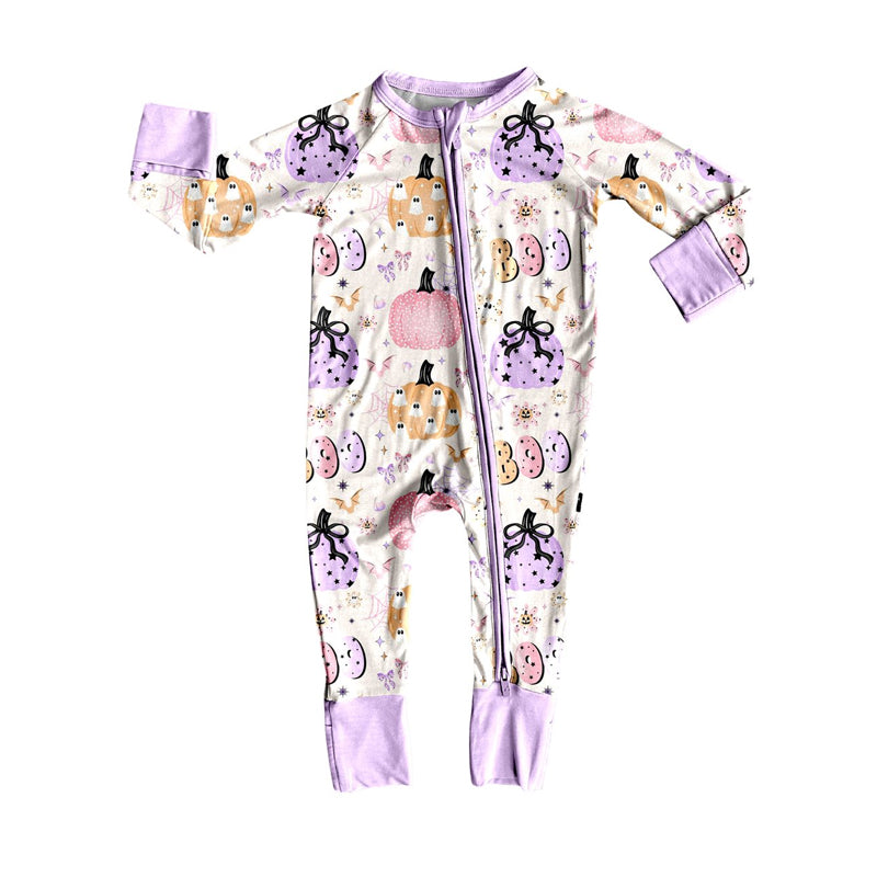 Lavender bow pumpkin boo baby girls Halloween zipper romper