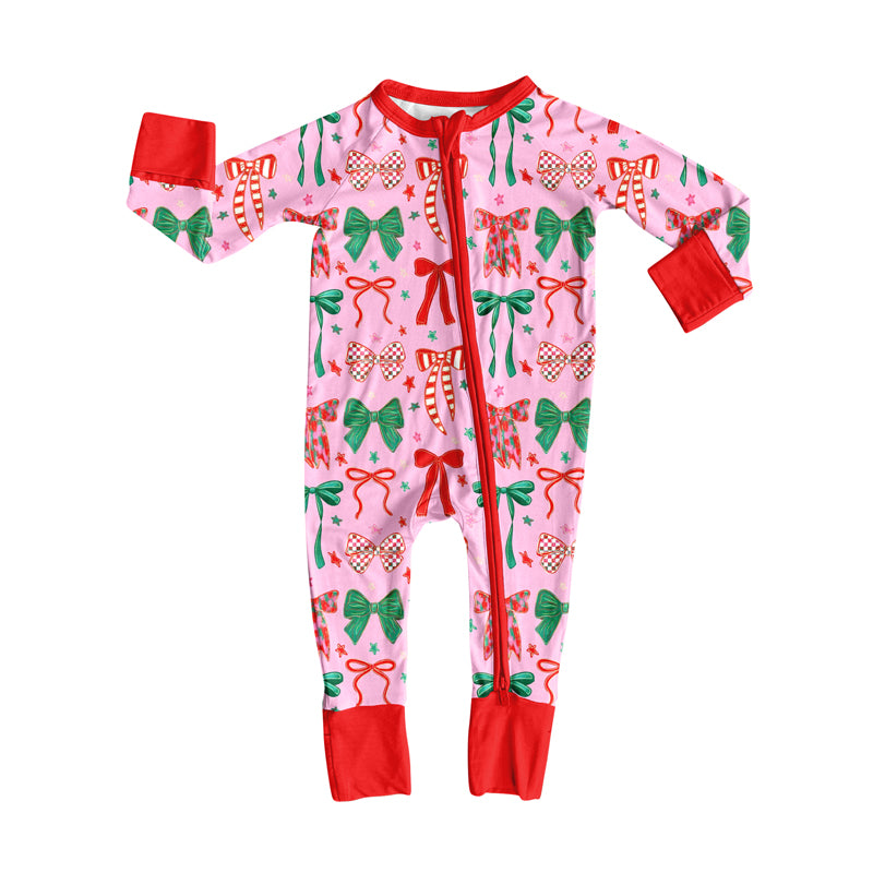 Long sleeves green red bow baby girls Christmas zipper romper