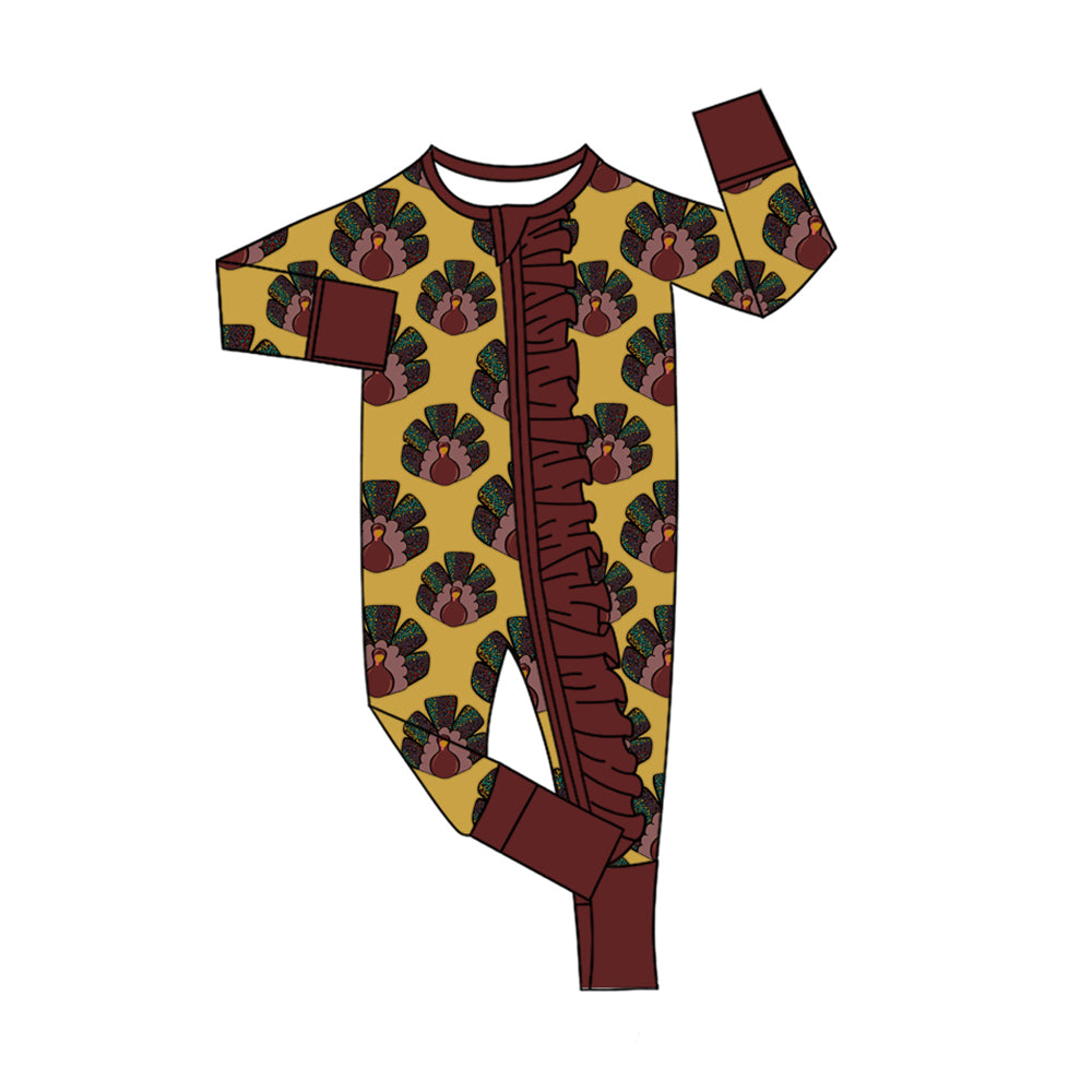 Ruffle turkey baby girls Thanksgiving zipper romper