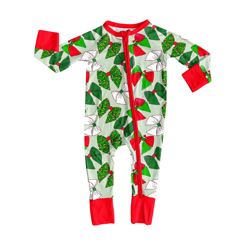 Long sleeves red green face baby girls Christmas zip romper