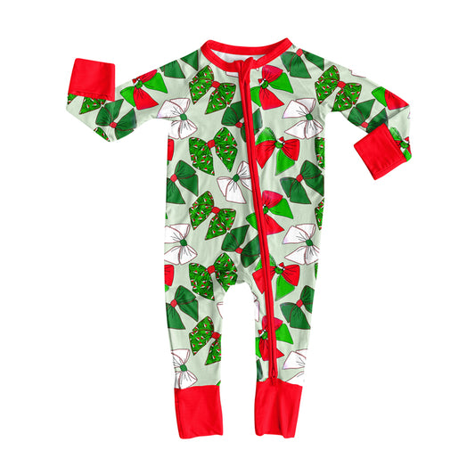 Long sleeves red green face baby girls Christmas zip romper