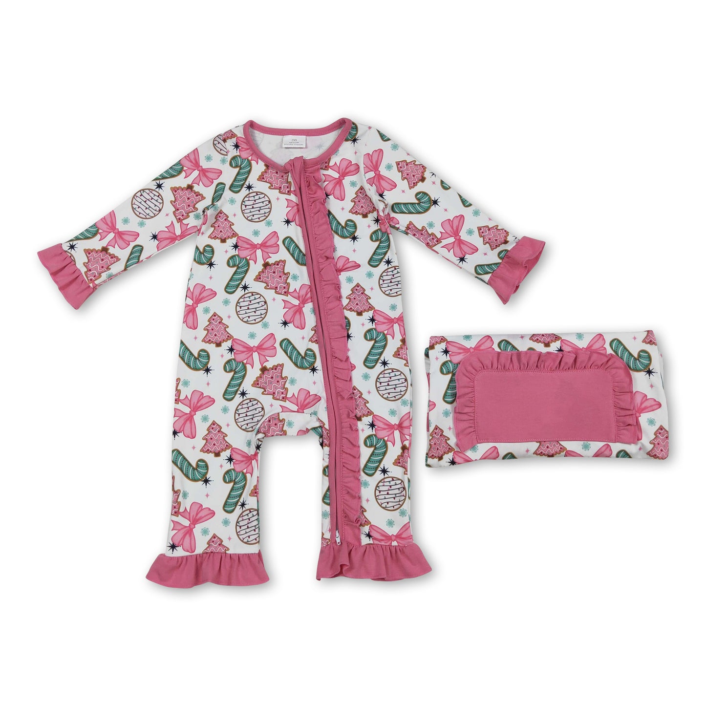Long sleeves Christmas tree bow candy cane baby zip romper