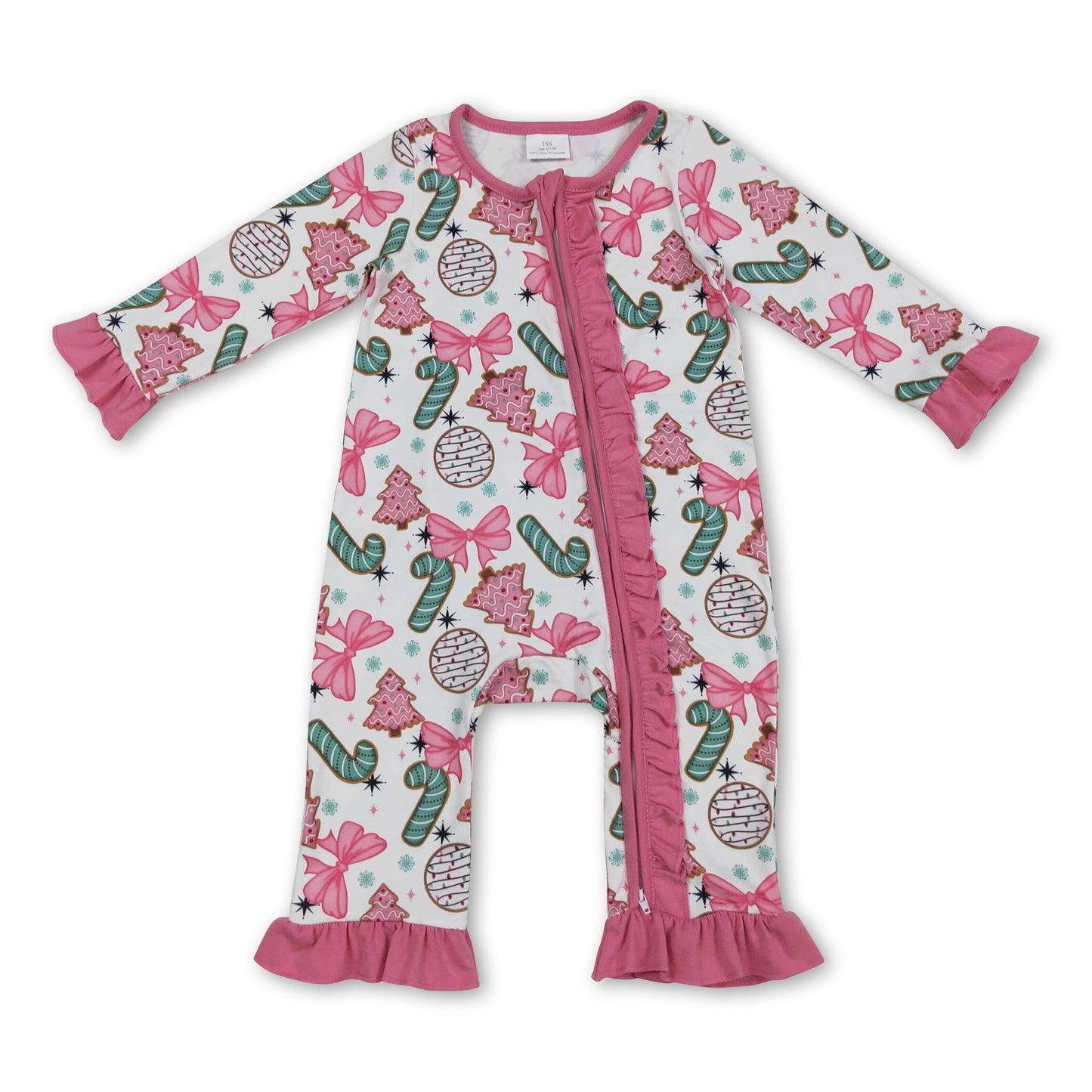 Long sleeves Christmas tree bow candy cane baby zip romper