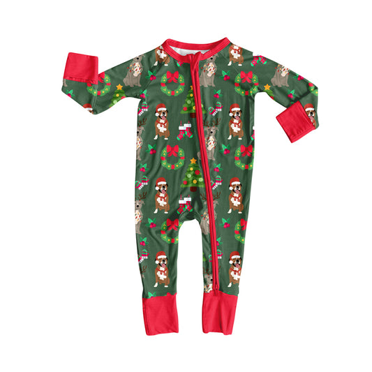 Christmas hat dog bow ornaments baby girls zipper romper