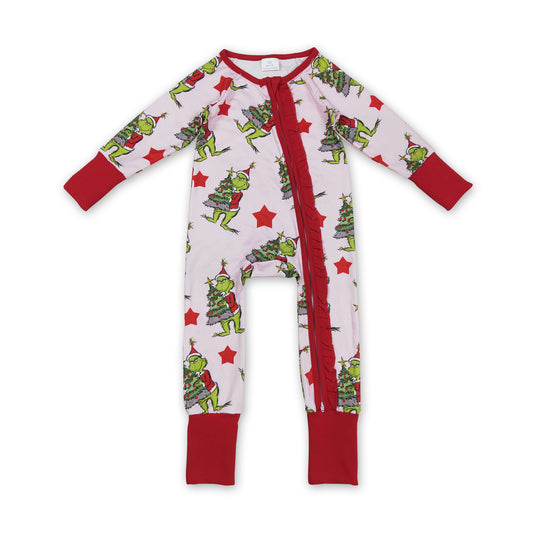 Red stars green face baby girls Christmas zipper romper