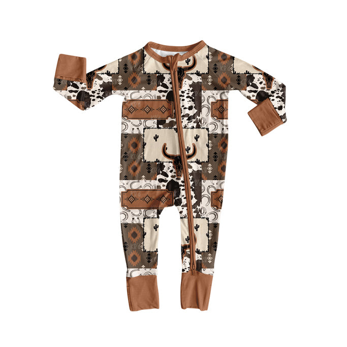 Long sleeves bull skull cactus western baby zipper romper