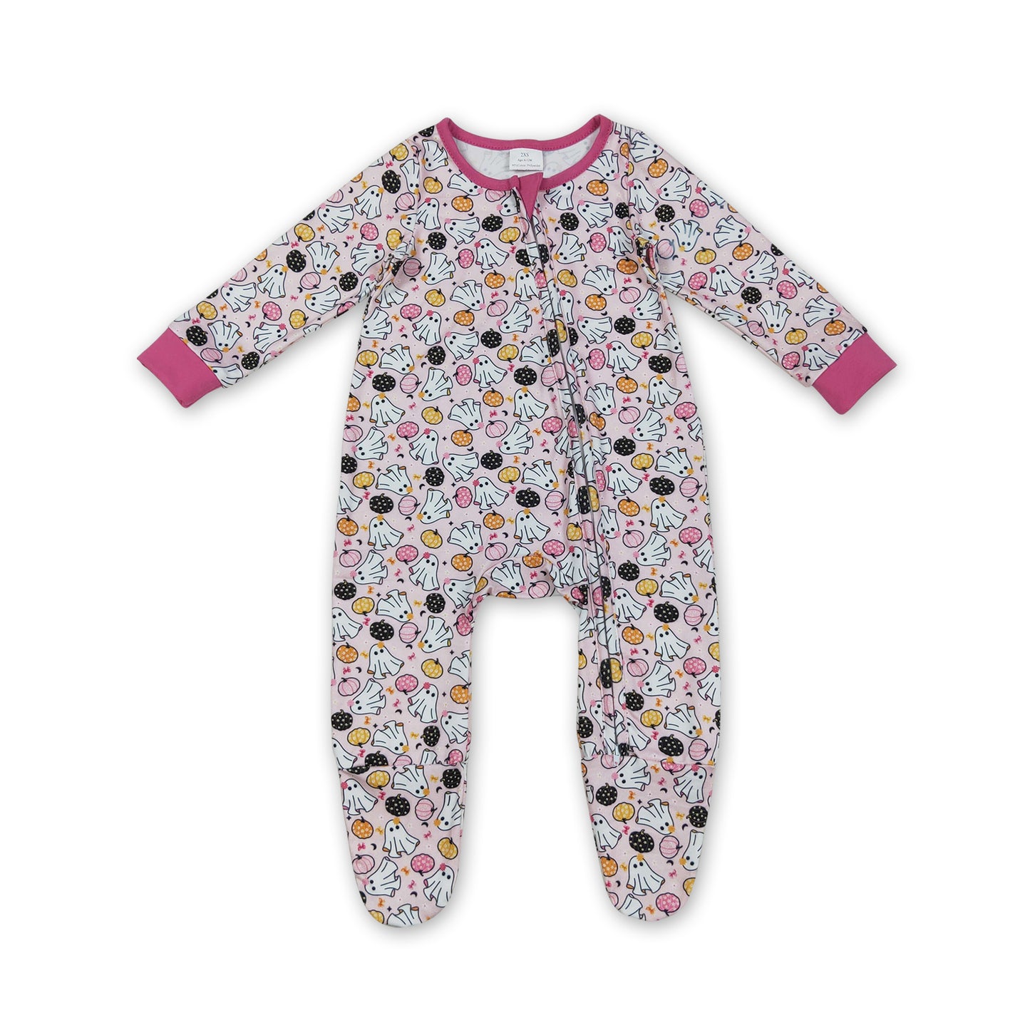 Pink ghost pumpkin baby girls Halloween zipper romper