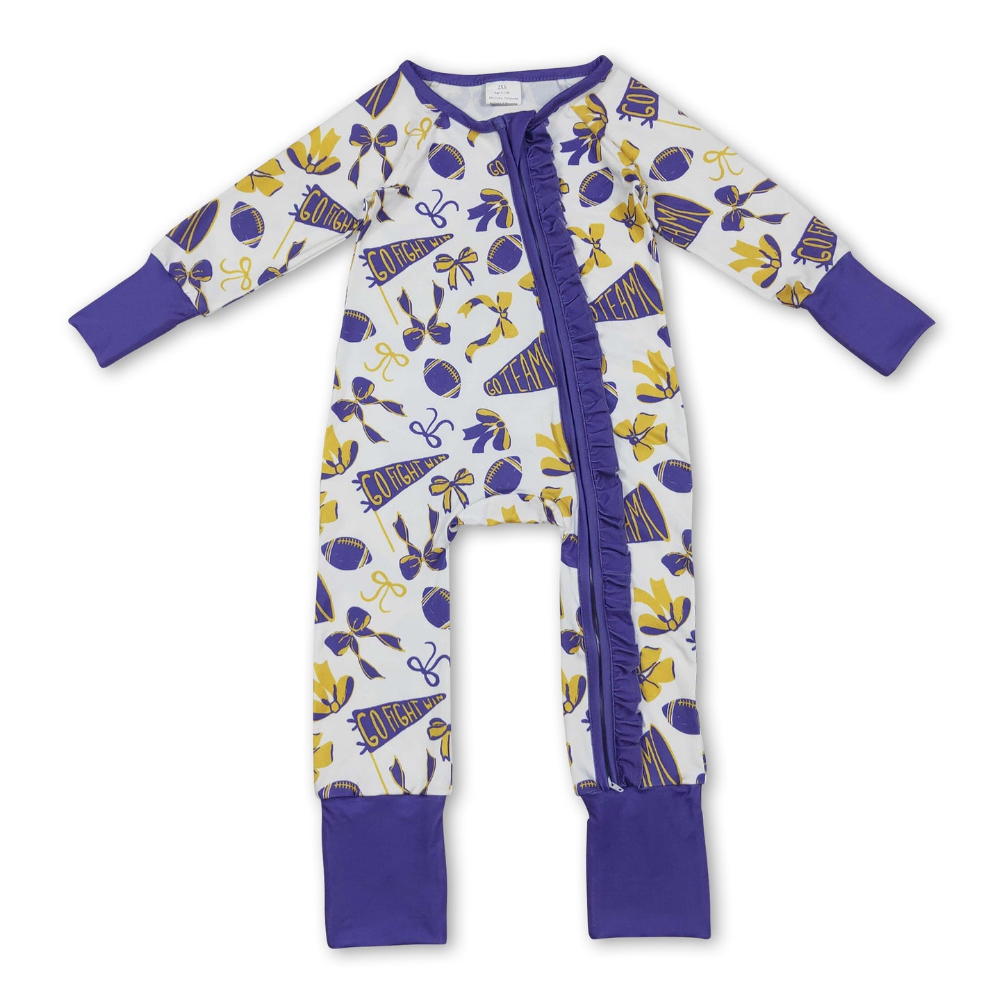 Purple bow ruffle football baby girls team zipper romper