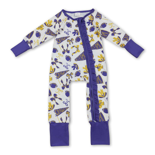 Purple bow ruffle football baby girls team zipper romper