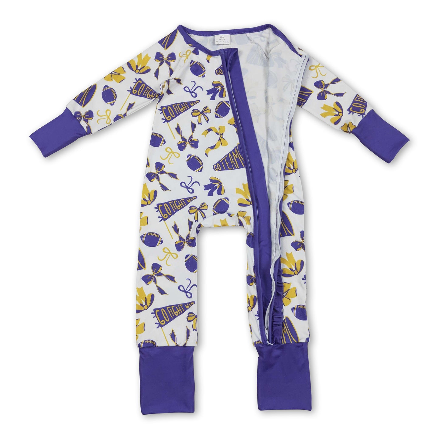 Purple bow ruffle football baby girls team zipper romper