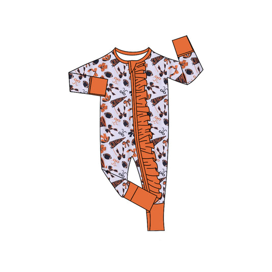 Orange bow ruffle football baby girls team zipper romper