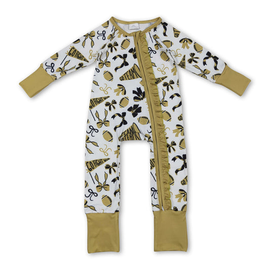 Long sleeves bow ruffle football baby girls team zipper romper