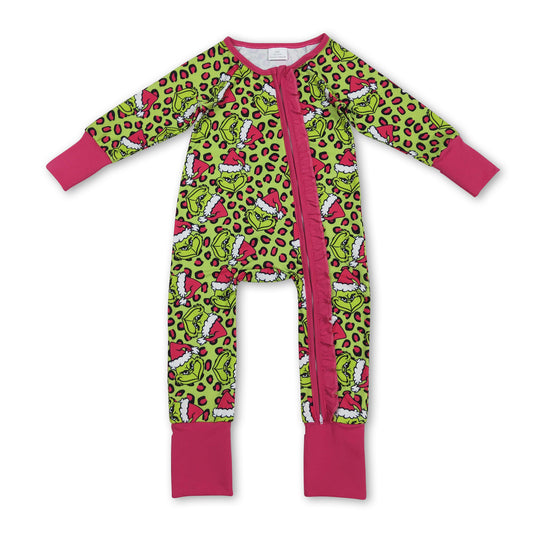 Leopard green face ruffle girls Christmas zipper romper