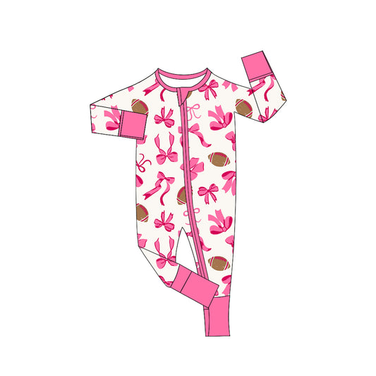 Long sleeves pink bow football baby girls zipper romper