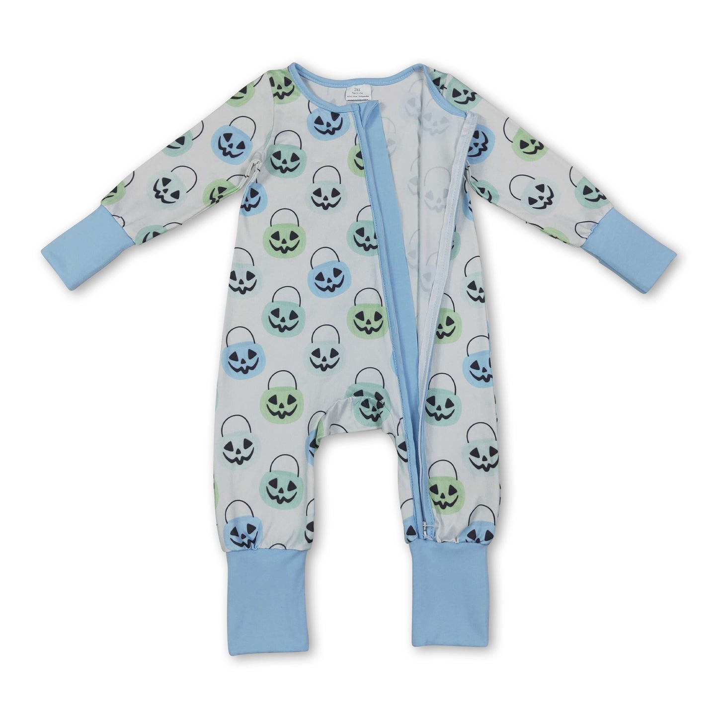 Light blue pumpkin basket baby boy Halloween zipper romper