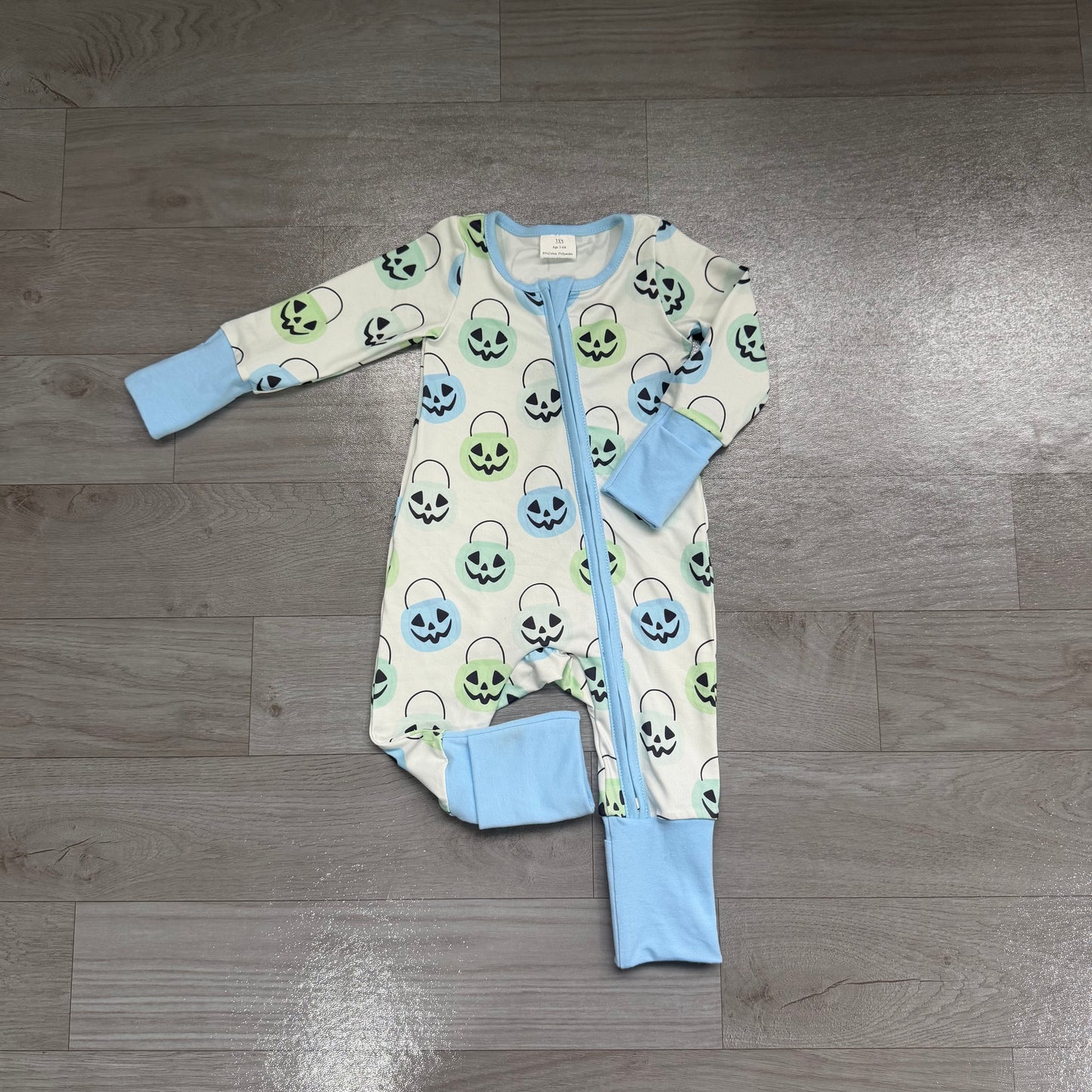 Light blue pumpkin basket baby boy Halloween zipper romper