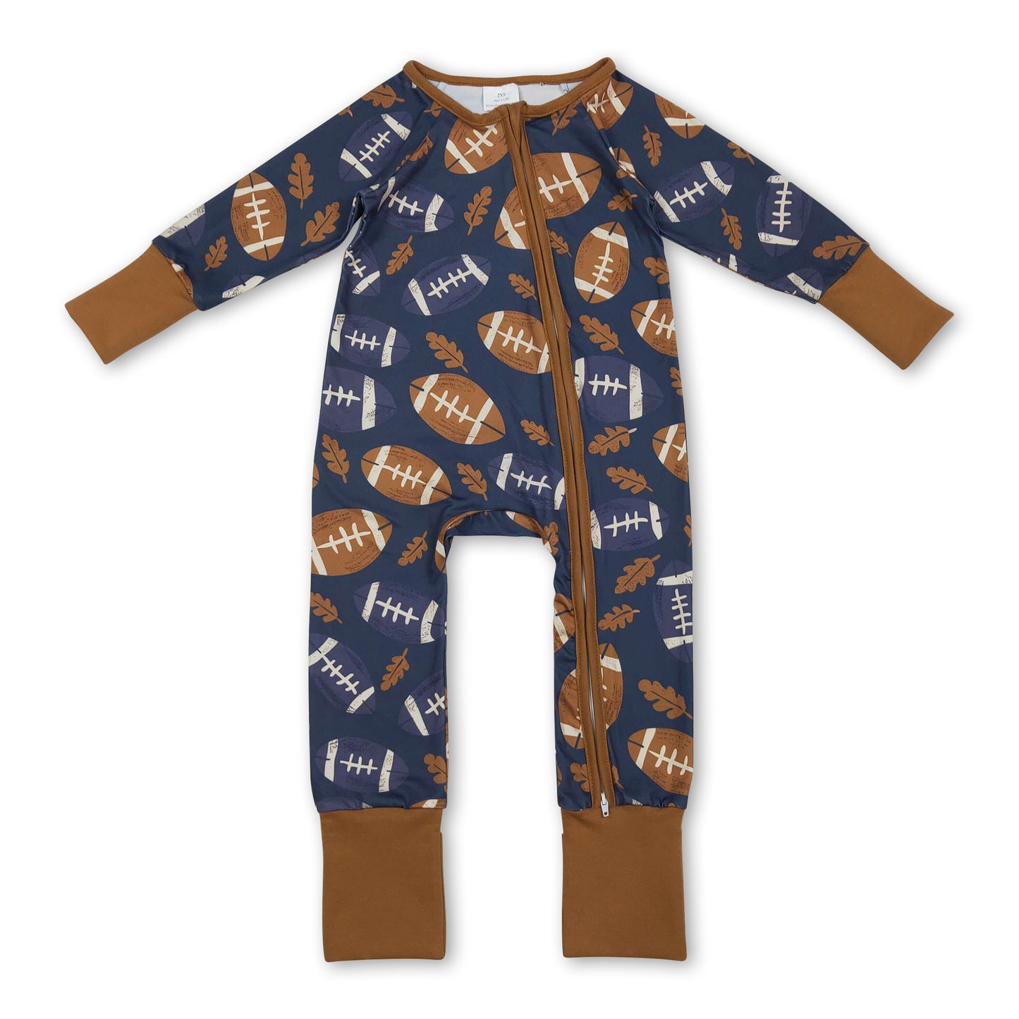 Long sleeves brown leaves football baby zipper romper