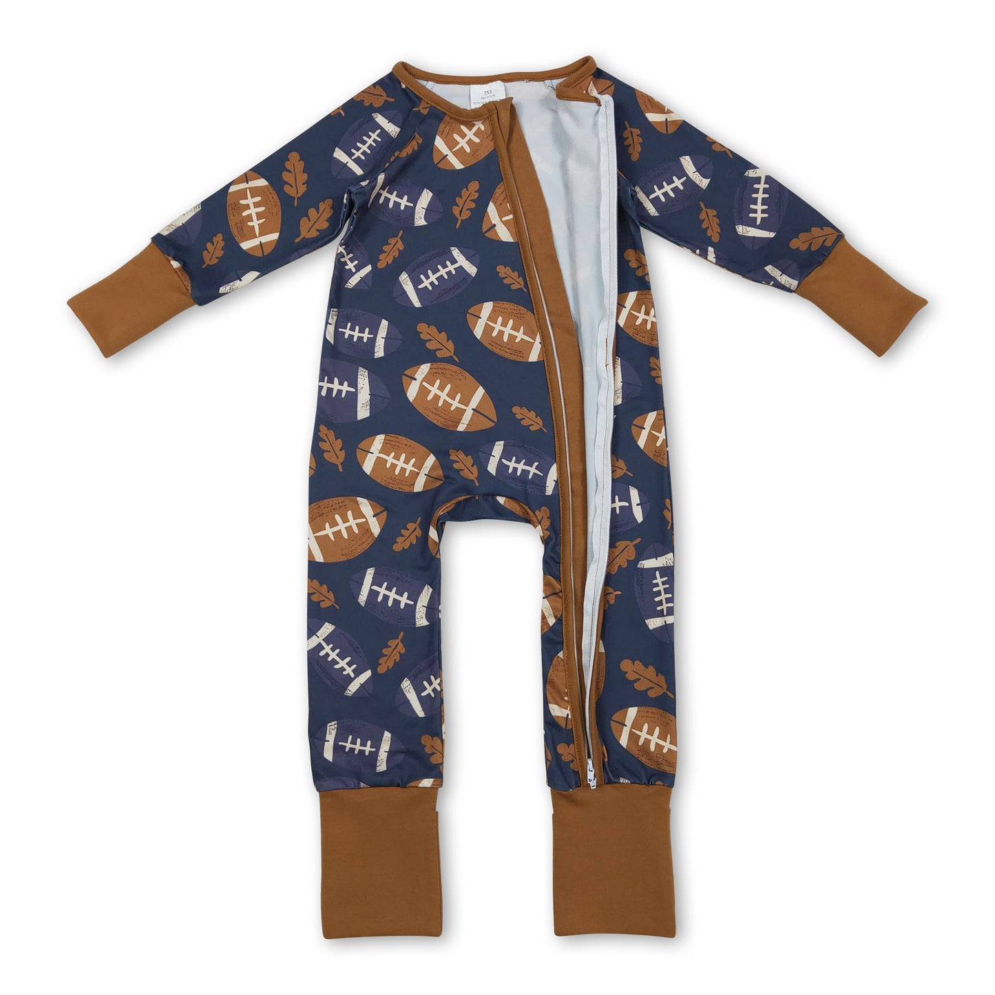 Long sleeves brown leaves football baby zipper romper
