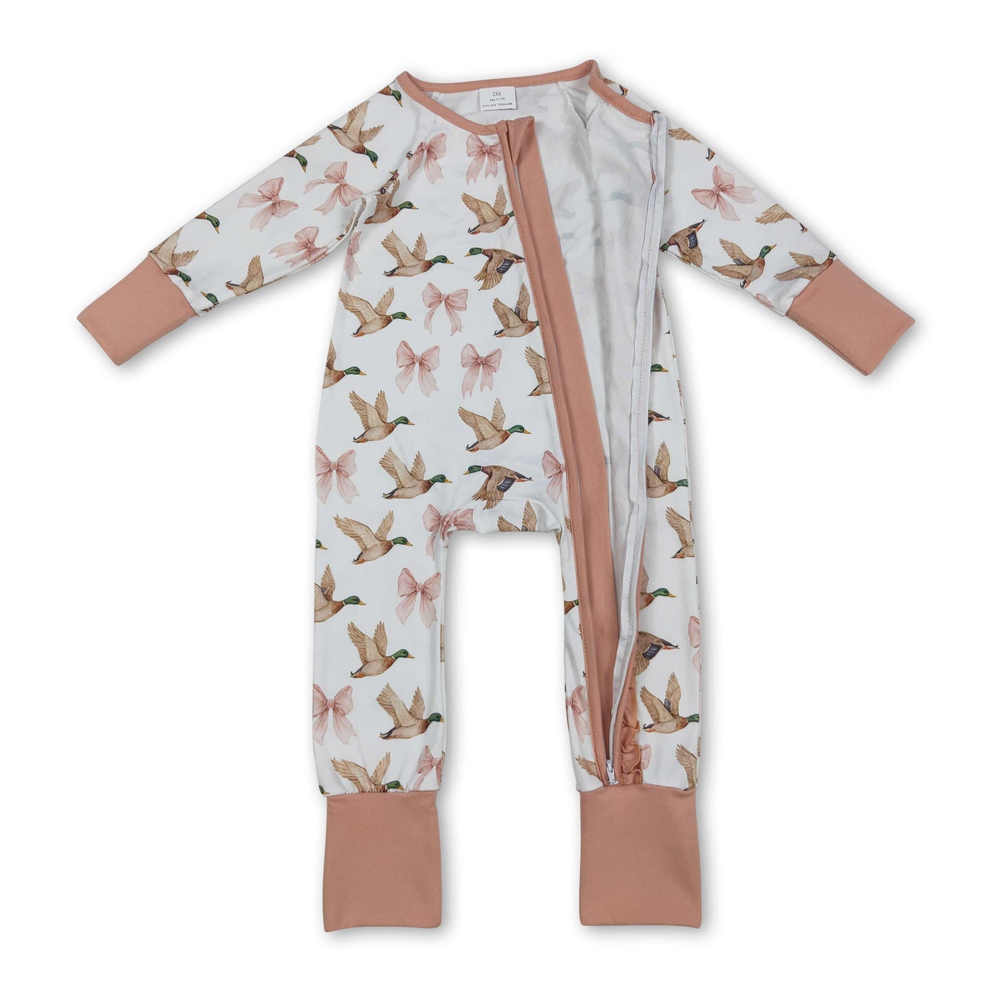 Long sleeves pink bow duck ruffle baby girls zipper romper