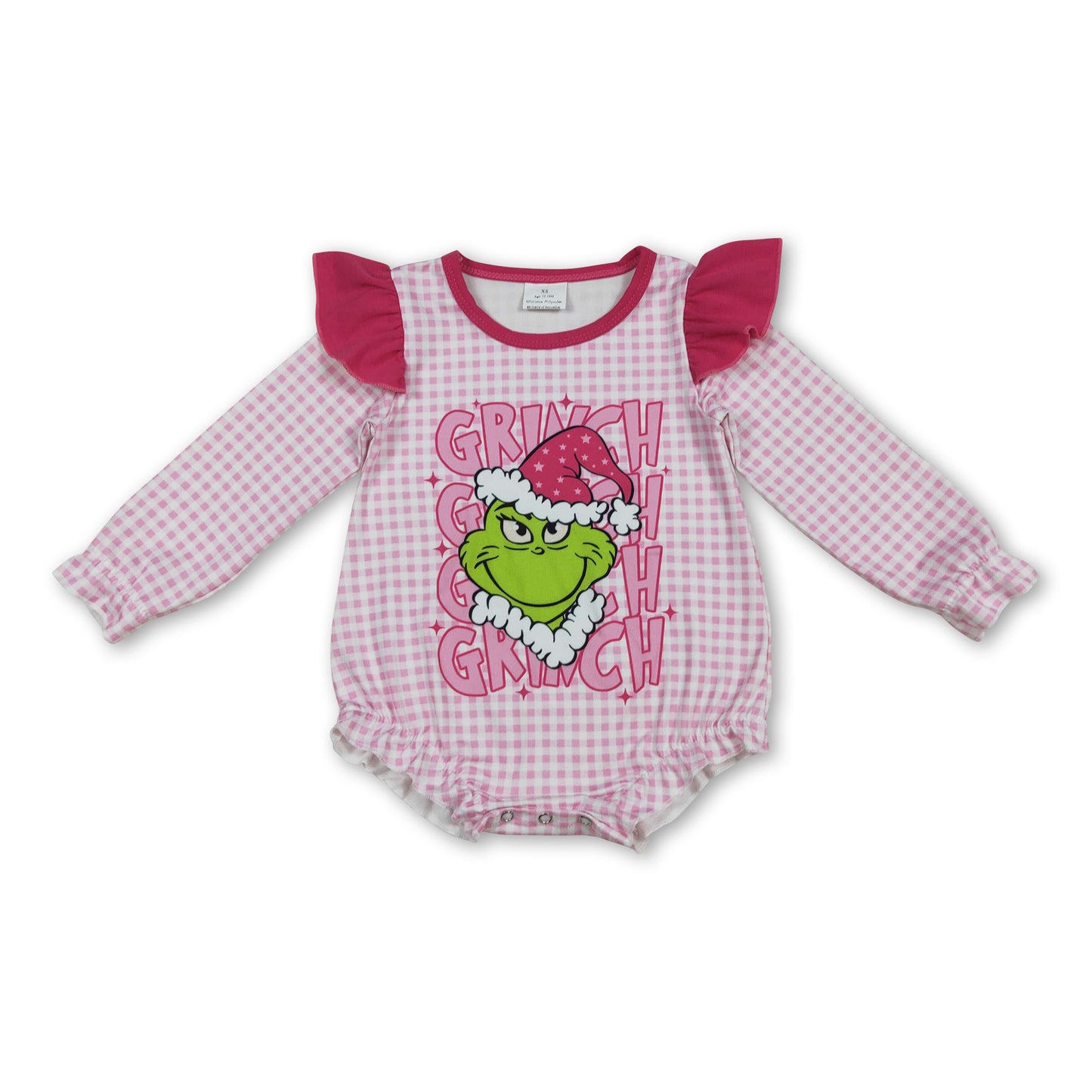 Long sleeves pink plaid green face girls Christmas romper