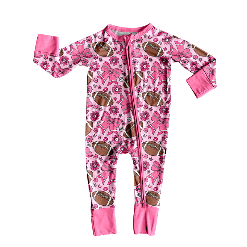 Pink bow floral football baby girls zipper romper