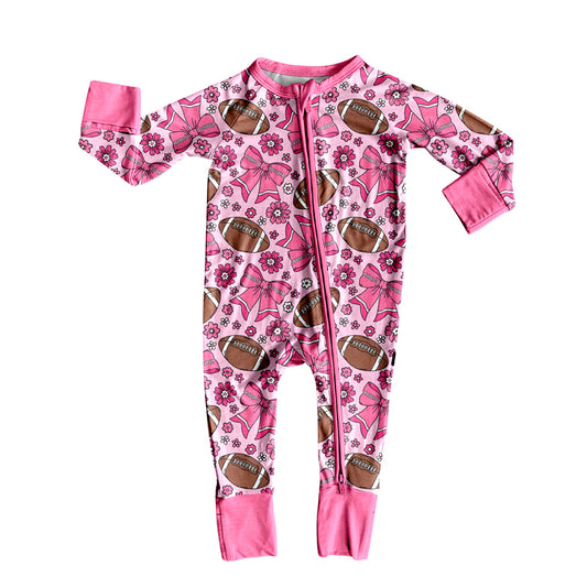 Pink bow floral football baby girls zipper romper