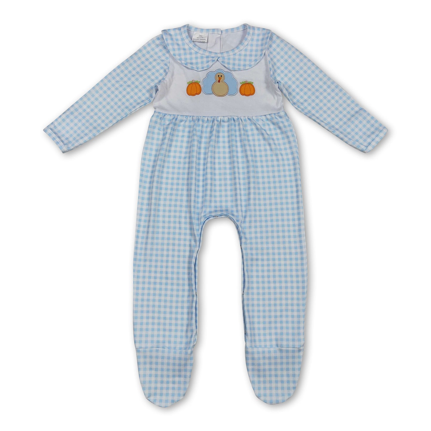 Plaid pumpkin turkey baby boy Thanksgiving footed romper