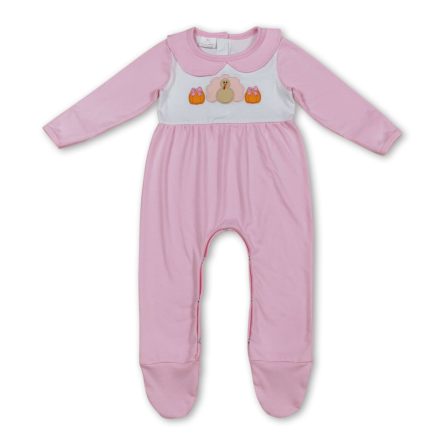 Pink pumpkin turkey baby girl Thanksgiving footed romper