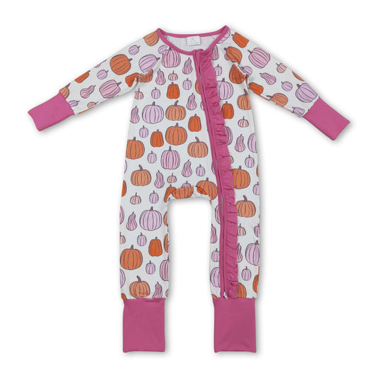 Long sleeves pumpkins pink ruffle baby girl fall zipper romper