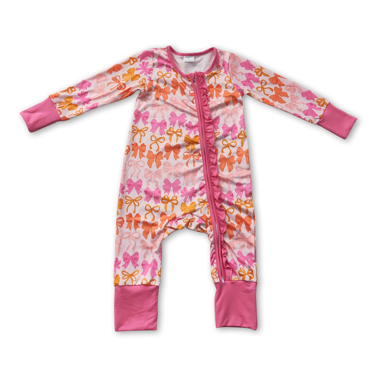 Long sleeves pink ruffle bows baby girls zipper romper