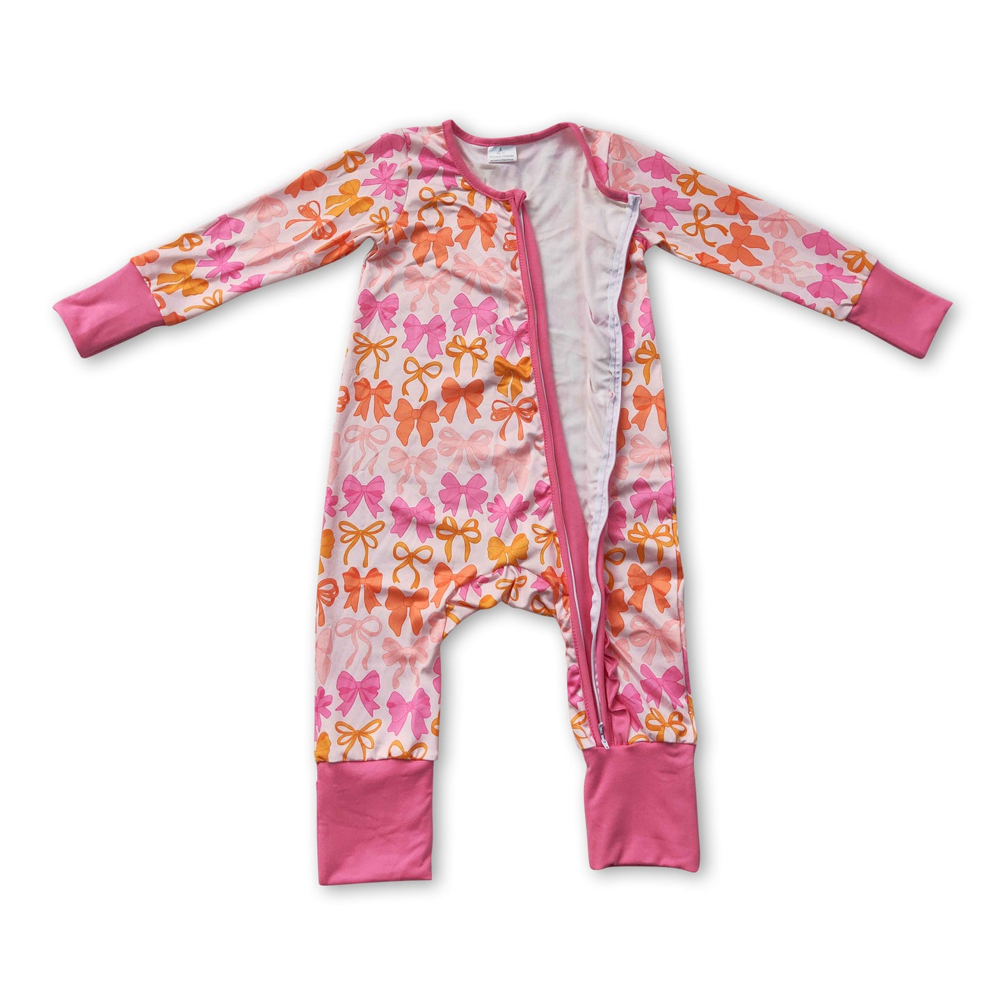 Long sleeves pink ruffle bows baby girls zipper romper