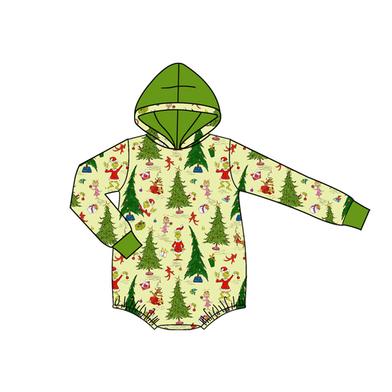 Long sleeves green face Christmas tree baby hooded romper