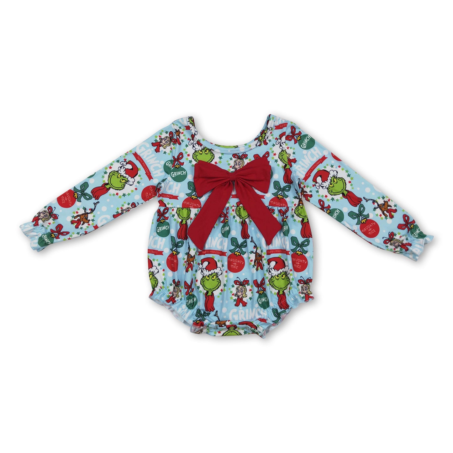 Long sleeves red bow green face baby girls Christmas romper