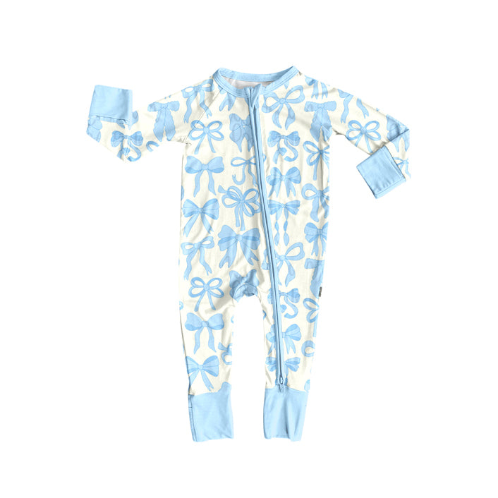 Light blue bow long sleeves baby girls zipper romper
