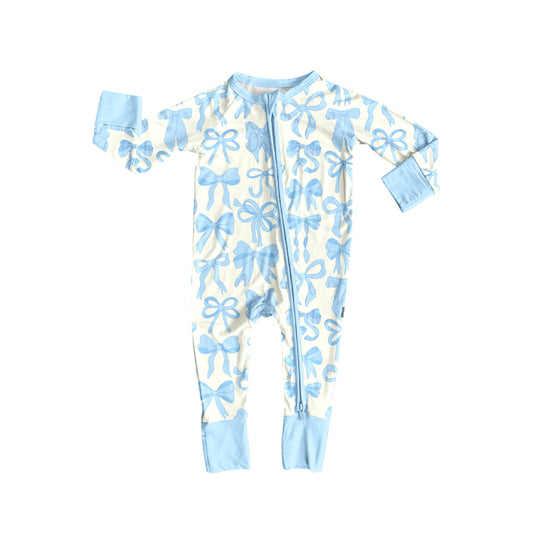 Light blue bow long sleeves baby girls zipper romper