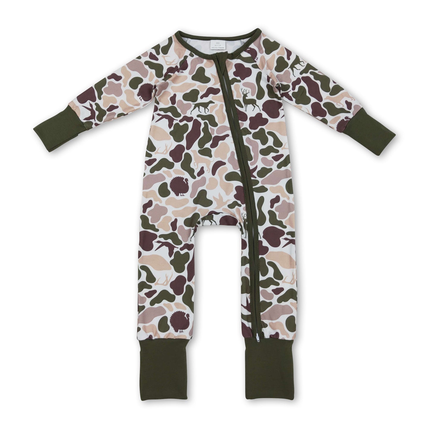 Long sleeves camo deer duck dog turkey baby zipper romper