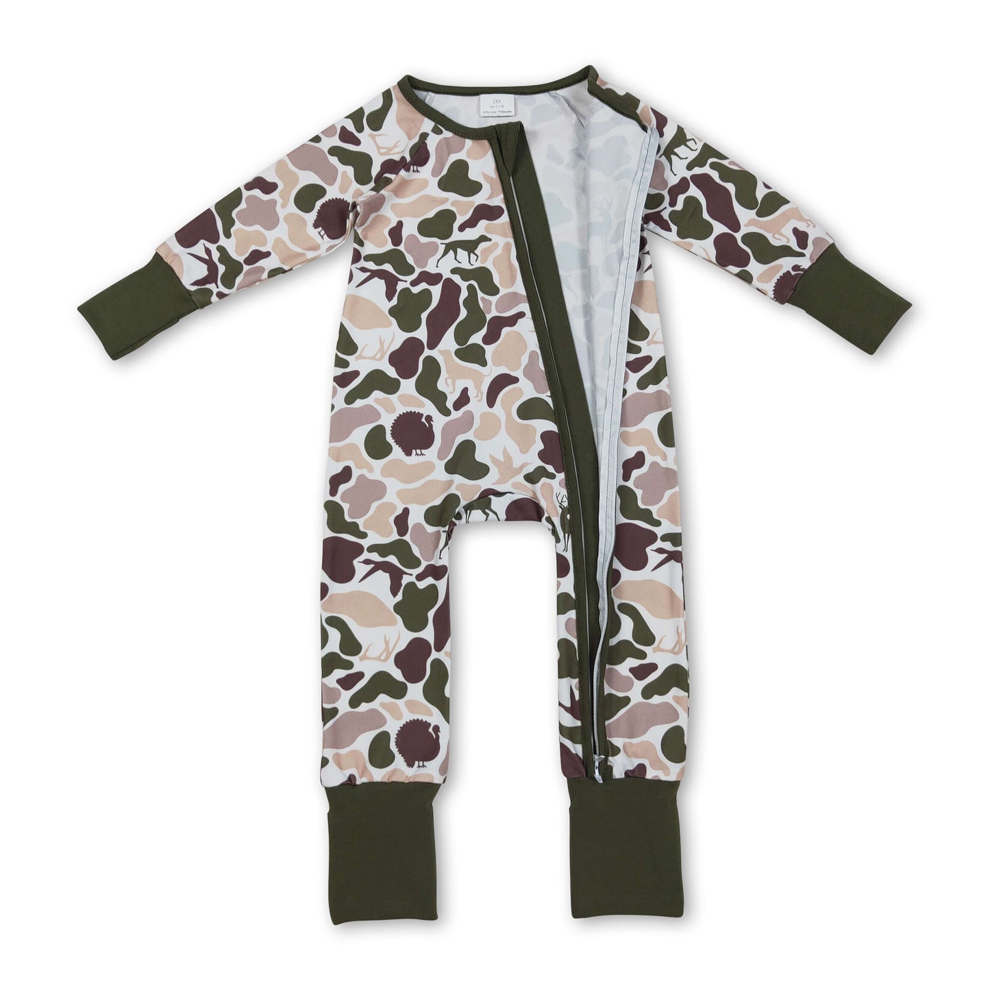 Long sleeves camo deer duck dog turkey baby zipper romper