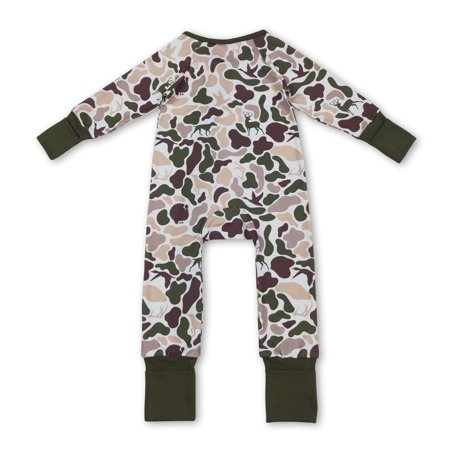Long sleeves camo deer duck dog turkey baby zipper romper