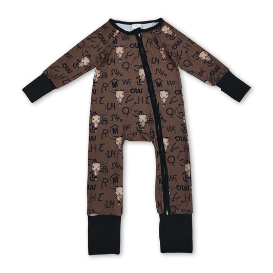 Long sleeves bull skull western baby boy zipper romper