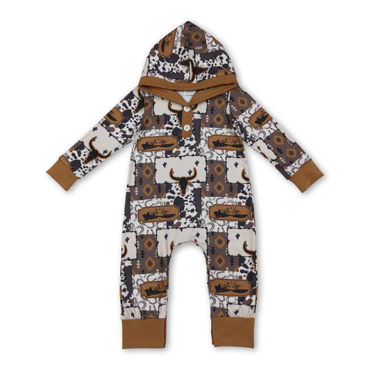 Long sleeves bull skull cow western baby boy hooded romper