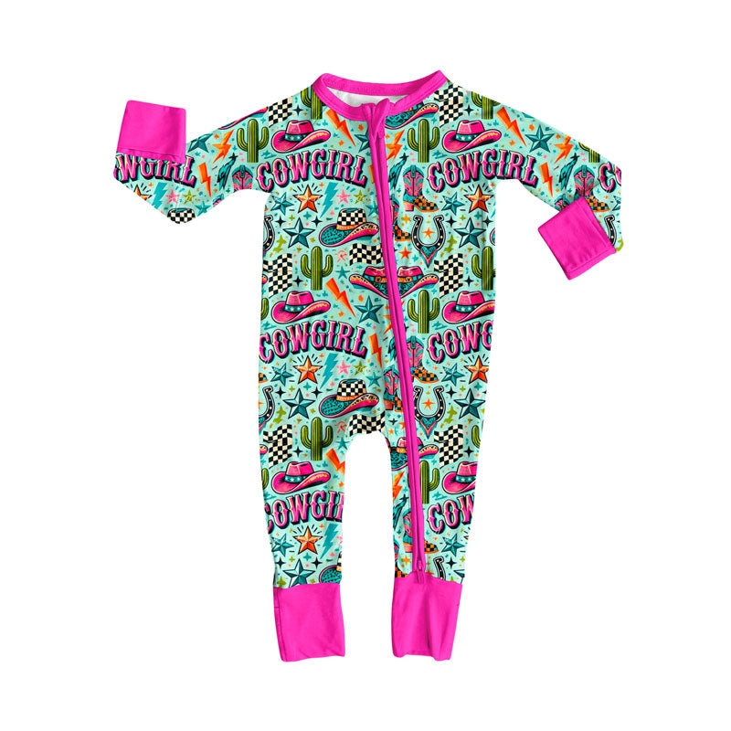 Long sleeves cowgirl cactus western baby zipper romper