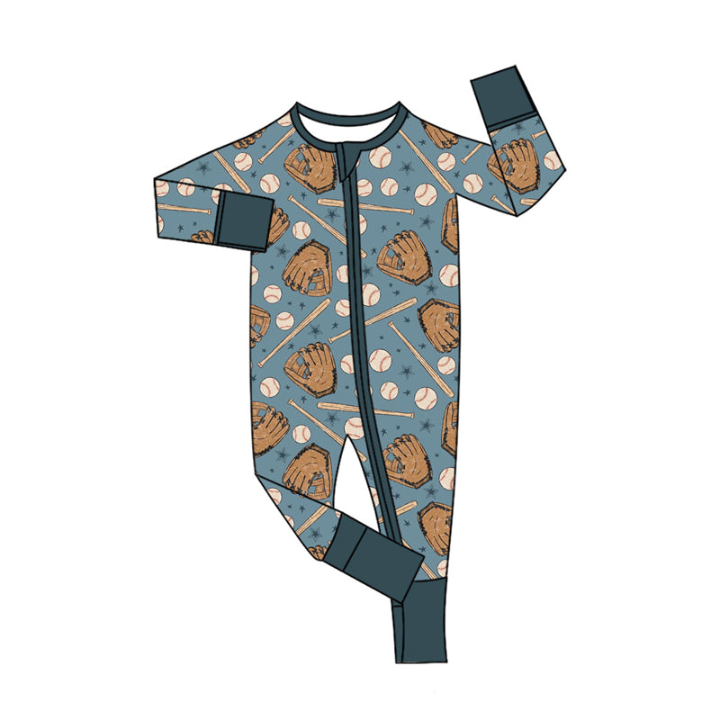 Long sleeves blue baseball baby kids zipper romper